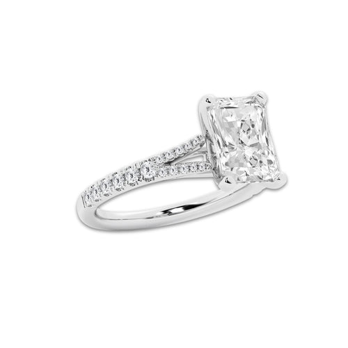 3.33 ctw Radiant Lab-Grown Diamond Split Shank Side Stone Engagement Ring in Platinum for Women | Colorless E, VS1 Clarity, IGI Certified 3.00 ct Center Diamond