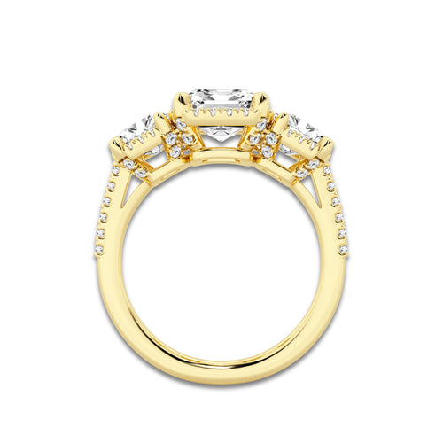 4 1/2 ctw Emerald Lab Grown Diamond Shadow Halo Three Stone Engagement Ring 14K Yellow Gold, E, VS1 | 2 1/2 ct Center
