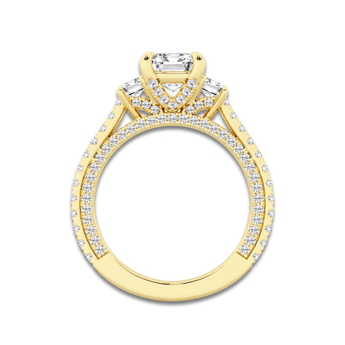 Hyacinth 4 1/2 ctw Emerald Lab Grown Diamond Three Stone Engagement Ring with Side Diamonds 14K Yellow Gold, E, VS1 | IGI Certified, 3 ct Center