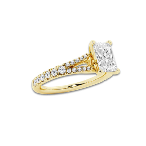 1.08 ctw Radiant Lab-Grown Diamond Split Shank Side Stone Engagement Ring in 14K Yellow Gold for Women | Colorless E, VS1 Clarity, IGI Certified 0.75 ct Center Diamond