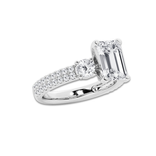 4.00 ctw Emerald Lab-Grown Diamond Three Stone Double Row Engagement Ring in Platinum for Women | D Color, VVS1 Clarity, IGI Certified 3.00 ct Center Diamond