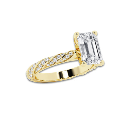 6.42 ctw Emerald Lab-Grown Diamond Twisted Band Engagement Ring in 14K Yellow Gold for Women | Colorless D, VVS1 Clarity, IGI Certified 6.00 ct Center Diamond