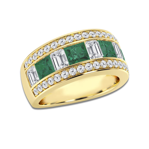 Bongo 4.90mm & 5.10mm Princess Cut Created Emerald and Emerald & Round Lab Grown Diamond Band 14K Yellow Gold, DE, VS1