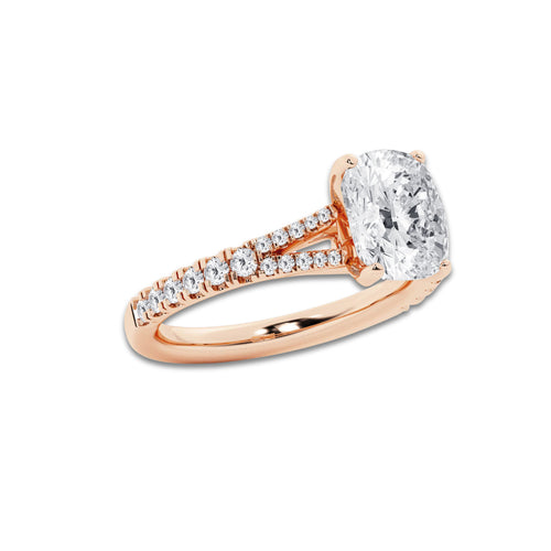 2.82 ctw Elongated Cushion Lab-Grown Diamond Split Shank Side Stone Engagement Ring in 14K Rose Gold for Women | Colorless E, VS1 Clarity, IGI Certified 2.50 ct Center Diamond