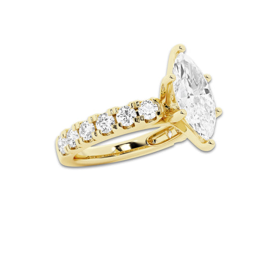 3.00 ctw Marquise Lab-Grown Diamond Split-Prong Set Side Stone Engagement Ring in 14K Yellow Gold for Women | Colorless E, VS1 Clarity, IGI Certified 2.00 ct Center Diamond