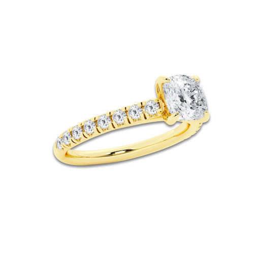 1.39 ctw Cushion Lab-Grown Diamond Pave Engagement Ring in 14K Yellow Gold for Women | E Color, VS1 Clarity, IGI Certified 1.00 ct Center Diamond