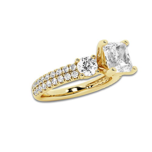 1.50 ctw Cushion Lab-Grown Diamond Three Stone Double Row Engagement Ring in 14K Yellow Gold for Women | E Color, VS1 Clarity, IGI Certified 0.75 ct Center Diamond