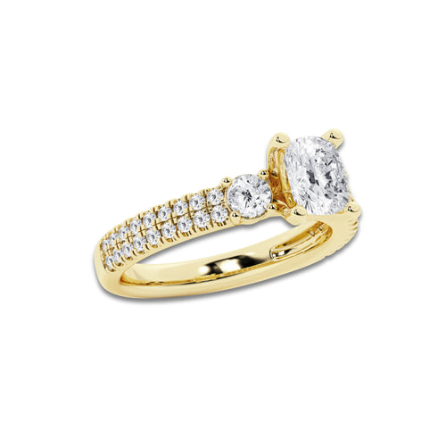 1.46 ctw Elongated Cushion Lab-Grown Diamond Three Stone Double Row Engagement Ring in 14K Yellow Gold for Women | E Color, VS1 Clarity, IGI Certified 0.75 ct Center Diamond