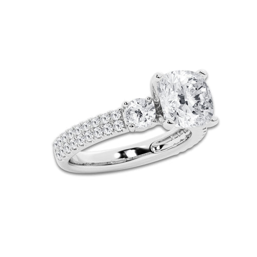4.00 ctw Cushion Lab-Grown Diamond Three Stone Double Row Engagement Ring in 14K White Gold for Women | E Color, VS1 Clarity, IGI Certified 3.00 ct Center Diamond