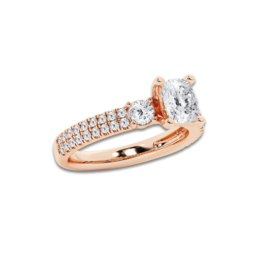 1.71 ctw Elongated Cushion Lab-Grown Diamond Three Stone Double Row Engagement Ring in 14K Rose Gold for Women | E Color, VS1 Clarity, IGI Certified 1.00 ct Center Diamond