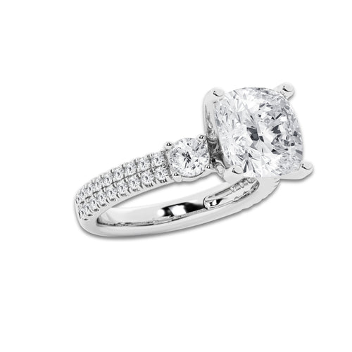 5.96 ctw Cushion Lab-Grown Diamond Three Stone Double Row Engagement Ring in 14K White Gold for Women | D Color, VVS1 Clarity, IGI Certified 5.00 ct Center Diamond