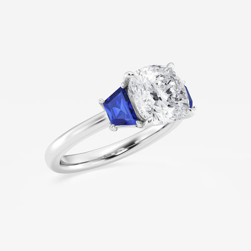 Camellia 3 ctw Cushion Lab Grown Diamond and 5.5x3.3x2.2 mm Trapezoid Created Sapphire Three-Stone Ring Platinum, E, VS1 | IGI Certified, 3 ct Center