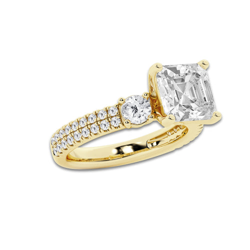 4.46 ctw Asscher Lab-Grown Diamond Three Stone Double Row Engagement Ring in 14K Yellow Gold for Women | D Color, VVS1 Clarity, IGI Certified 3.50 ct Center Diamond