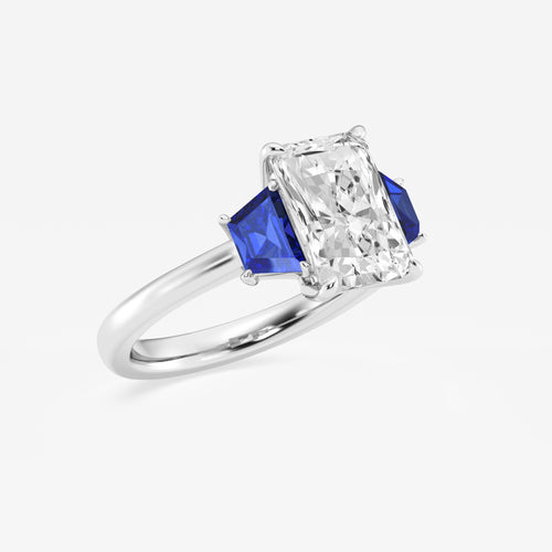 Camellia 3 ctw Radiant Lab Grown Diamond and 5.5x3.3x2.2 mm Trapezoid Created Sapphire Three-Stone Ring Platinum, E, VS1 | IGI Certified, 3 ct Center