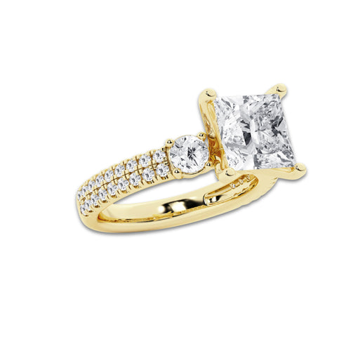 4.46 ctw Princess Lab-Grown Diamond Three Stone Double Row Engagement Ring in 14K Yellow Gold for Women | E Color, VS1 Clarity, IGI Certified 3.50 ct Center Diamond