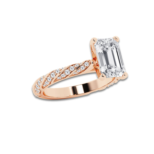 3.92 ctw Emerald Lab-Grown Diamond Twisted Band Engagement Ring in 14K Rose Gold for Women | Colorless E, VS1 Clarity, IGI Certified 3.50 ct Center Diamond