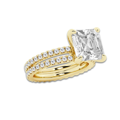7.22 ctw Asscher Lab-Grown Diamond Double Row Diamond Engagement Ring in 14K Yellow Gold for Women | Colorless E, VS1 Clarity, IGI Certified 6.00 ct Center Diamond