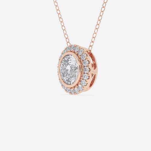 1 1/5 ctw Round Lab Grown Diamond Bezel Set Halo Pendant with Adjustable Chain 14K Rose Gold, DE, VS1 | 1 ct Center