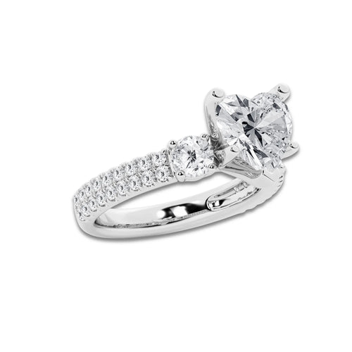 4.00 ctw Heart Lab-Grown Diamond Three Stone Double Row Engagement Ring in Platinum for Women | E Color, VS1 Clarity, IGI Certified 3.00 ct Center Diamond