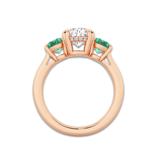 2 7/8 ctw Oval Lab Grown Diamond and Oval Cut Emerald Three-Stone Hidden Halo Engagement Ring 14K Rose Gold, E, VS1 | 2 ct Center