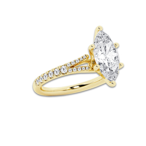 3.33 ctw Marquise Lab-Grown Diamond Split Shank Side Stone Engagement Ring in 14K Yellow Gold for Women | Colorless E, VS1 Clarity, IGI Certified 3.00 ct Center Diamond