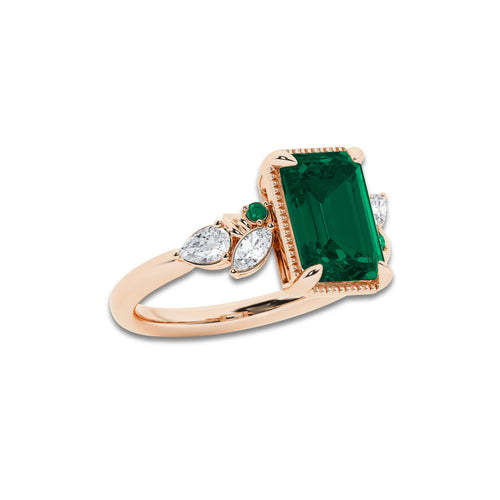 Jordan 3 3/4 ctw Emerald Cut Created Emerald and Marquise Lab Grown Diamond Milgrain Framed Ring 14K Rose Gold | 3 1/2 ct Center