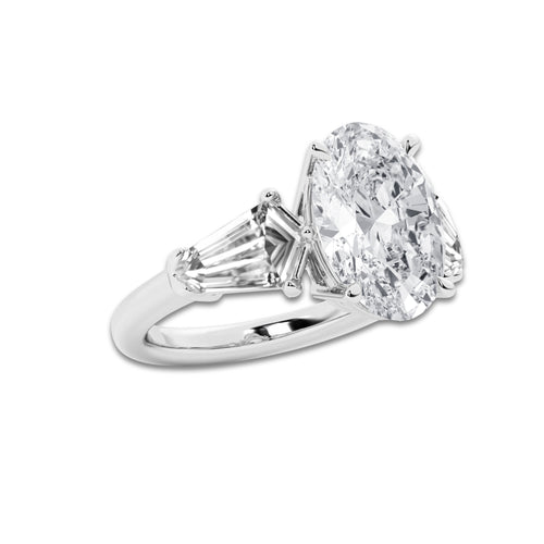 7 ctw Oval Lab Grown Diamond Solitaire Engagement Ring with Shield Side Stones Platinum, D, VVS | 5 ct Center