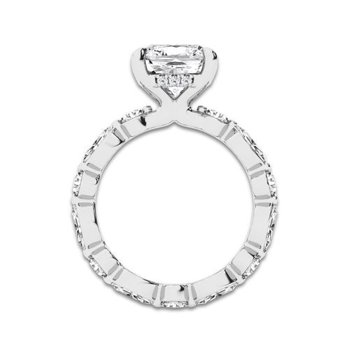 4 3/4 ctw Cushion Lab Grown Diamond Hidden Halo Alternating Round and Marquise Eternity Engagement Ring Platinum, D, VVS | 3 ct Center