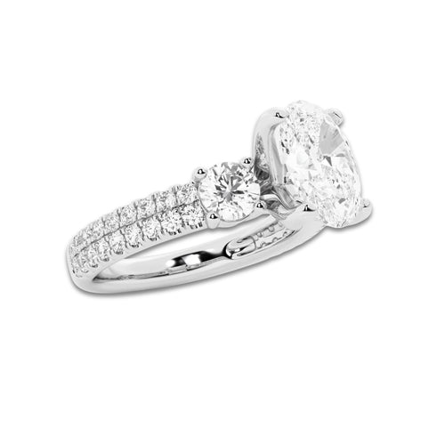 3.00 ctw Oval Lab-Grown Diamond Three Stone Double Row Engagement Ring in 14K White Gold for Women | E Color, VS1 Clarity, IGI Certified 2.00 ct Center Diamond