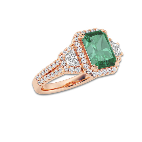 Poppy 3 1/4 ctw Radiant Cut Emerald with Round & Trapezoid Lab Grown Diamond Side Stone Engagement Ring 14K Rose Gold | 2 1/2 ct Center