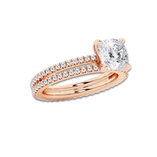 2.69 ctw Cushion Lab-Grown Diamond Double Row Diamond Engagement Ring in 14K Rose Gold for Women | Colorless D, VVS1 Clarity, IGI Certified 2.00 ct Center Diamond