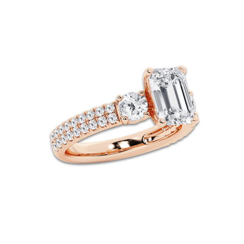 3.50 ctw Emerald Lab-Grown Diamond Three Stone Double Row Engagement Ring in 14K Rose Gold for Women | D Color, VVS1 Clarity, IGI Certified 2.50 ct Center Diamond
