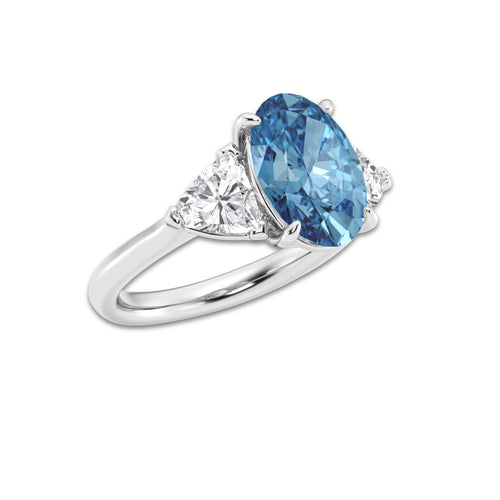 4 1/3 ctw Fancy Blue Oval Lab Grown Diamond Three Stone Engagement Ring Platinum | 3 ct Center