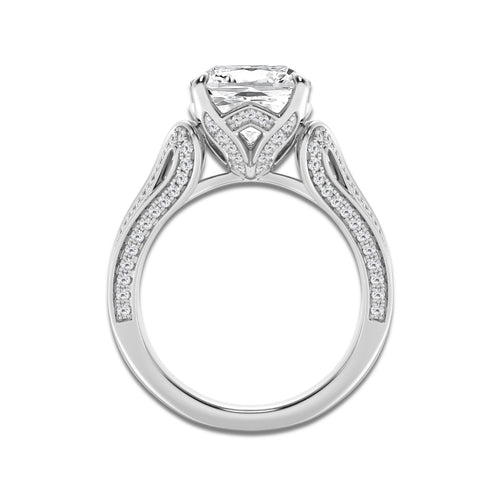 5 1/5 ctw Cushion Lab Grown Diamond Old Mine Cut Milgrain Split Floral Shank Side Stone Engagement Ring Platinum, E, VS1 | 4 1/2 ct Center