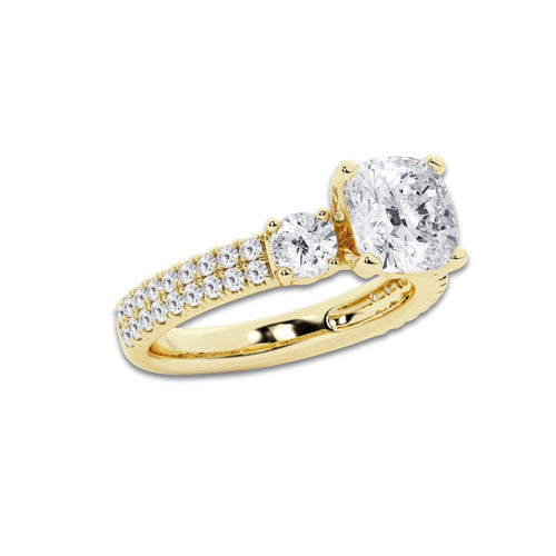 3.50 ctw Cushion Lab-Grown Diamond Three Stone Double Row Engagement Ring in 14K Yellow Gold for Women | E Color, VS1 Clarity, IGI Certified 2.50 ct Center Diamond