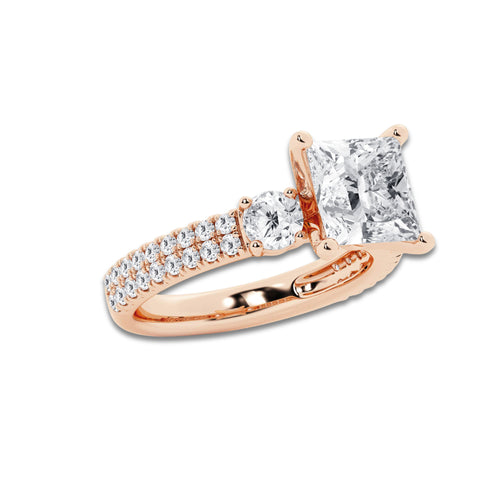 4.00 ctw Princess Lab-Grown Diamond Three Stone Double Row Engagement Ring in 14K Rose Gold for Women | D Color, VVS1 Clarity, IGI Certified 3.00 ct Center Diamond