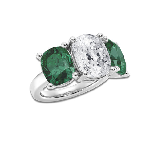 Buttercup 7 1/2 ctw Elongated Cushion Cut Emerald and Elongated Cushion Lab Grown Diamond Three Stone Engagement Ring 14K White Gold, D, VVS | IGI Certified, 4 1/2 ct Center