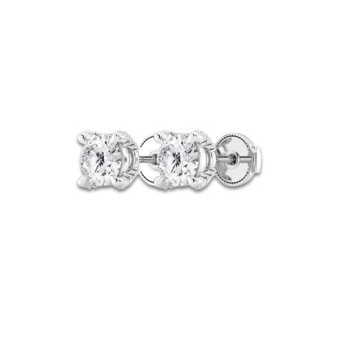 1 1/8 ctw Round Lab Grown Diamond Side Stone Stud Earrings 14K White Gold, E, VS1