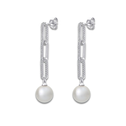 9 mm Freshwater Pearl and 1/2 ctw Lab Grown Diamond Paperclip Earrings 14K White Gold, Fresh Water