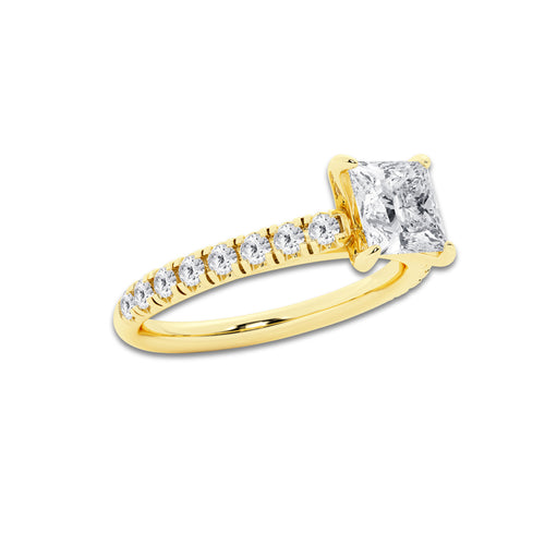1.39 ctw Princess Lab-Grown Diamond Pave Engagement Ring in 14K Yellow Gold for Women | E Color, VS1 Clarity, IGI Certified 1.00 ct Center Diamond