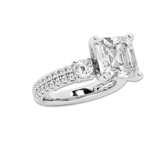 6.96 ctw Asscher Lab-Grown Diamond Three Stone Double Row Engagement Ring in 14K White Gold for Women | E Color, VS1 Clarity, IGI Certified 6.00 ct Center Diamond