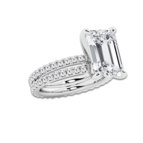 8.22 ctw Emerald Lab-Grown Diamond Double Row Diamond Engagement Ring in 14K White Gold for Women | Colorless E, VS1 Clarity, IGI Certified 7.00 ct Center Diamond