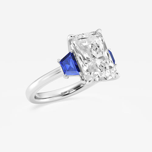 Camellia 5 ctw Radiant Lab Grown Diamond and 5.5x3.3x2.2 mm Trapezoid Created Sapphire Three-Stone Ring 14K White Gold, E, VS1 | IGI Certified, 5 ct Center
