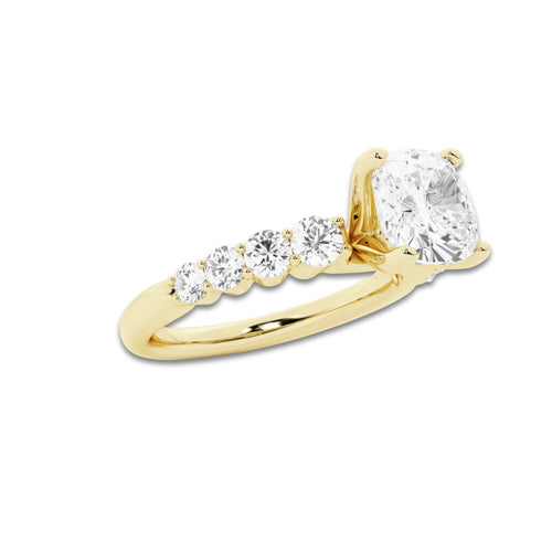 2.04 Ct Cushion Lab-Grown Diamond Half Eternity Engagement Ring in 14K Yellow Gold for Female, Colorless (E), VS1 Clarity | IGI Certified, 1.50 Ct Center Diamond