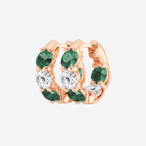 4.3 mm Round Created Emerald and 1 1/3 ctw Round Lab Grown Diamond Huggie Hoop Earrings 14K Rose Gold