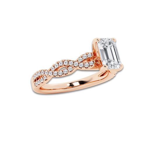 1.00 ctw Emerald Lab-Grown Diamond Twisted Shank Engagement Ring in 14K Rose Gold for Women | E Color, VS1 Clarity, Not Certified 0.75 ct Center Diamond