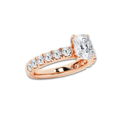 3.00 ctw Elongated Cushion Lab-Grown Diamond Split-Prong Set Side Stone Engagement Ring in 14K Rose Gold for Women | Colorless E, VS1 Clarity, IGI Certified 2.00 ct Center Diamond