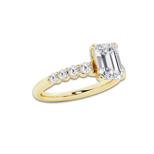 3.04 Ct Emerald Lab-Grown Diamond Half Eternity Engagement Ring in 14K Yellow Gold for Female, Colorless (D), VVS1 Clarity | IGI Certified, 2.50 Ct Center Diamond