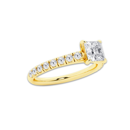 0.89 ctw Princess Lab-Grown Diamond Pave Engagement Ring in 14K Yellow Gold for Women | E Color, VS1 Clarity, IGI Certified 0.50 ct Center Diamond