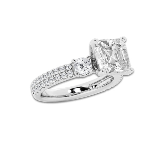 4.46 ctw Asscher Lab-Grown Diamond Three Stone Double Row Engagement Ring in Platinum for Women | D Color, VVS1 Clarity, IGI Certified 3.50 ct Center Diamond